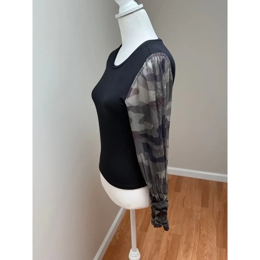 Generation Love Noelle Camo Sheer Sleeve Edgy Top Black Green Womens Size XS - Picture 4 of 9